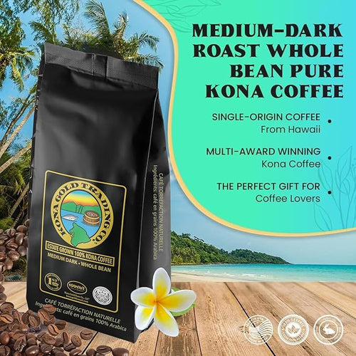8oz 100% Kona Coffee Whole Beans by Kona Gold Rum Co. - Extra Fancy Freshly Roasted Medium/Dark Roast Peach Notes with Cream Tones - Kona Coffee Whole Bean