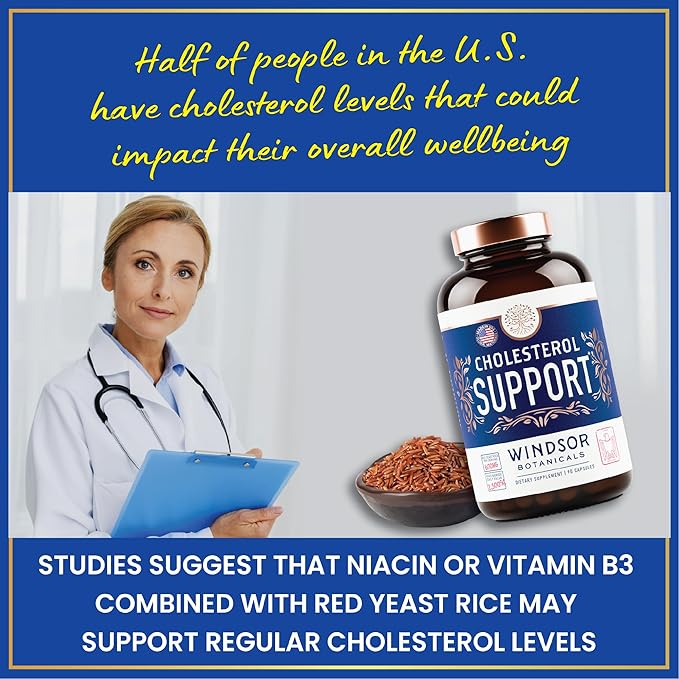 WINDSOR BOTANICALS Cholesterol Supplements - Citrus Bergamot Niacin Red Yeast Rice Berberine Aronia Berry Extract to Support Normal HDL and LDL Cholesterol Levels - 90 Vegan Non-GMO Capsules