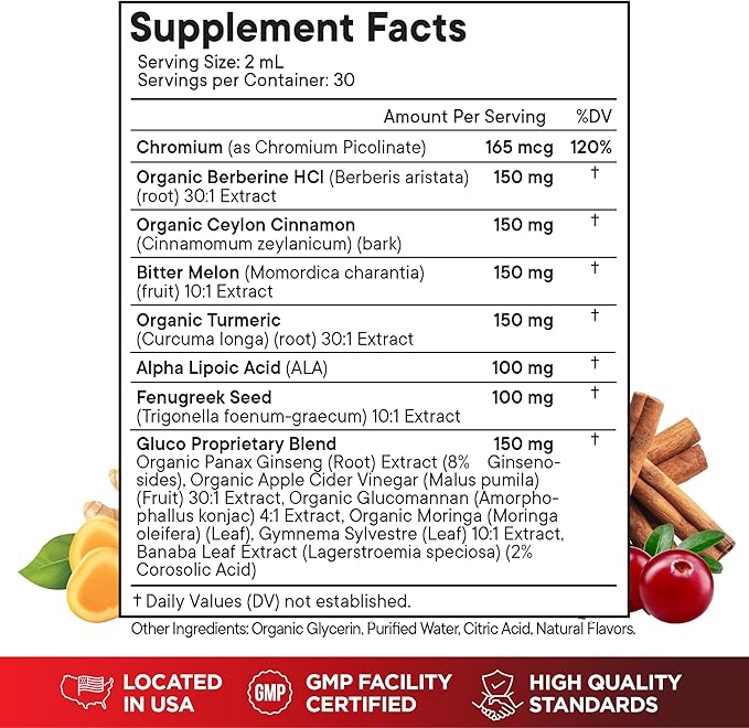 Berberine with Ceylon Cinnamon Supplement Liquid Drops + Bitter Melon Extract Glucomannan Gymnema Chromium Turmeric Organic Panax Ginseng Moringa 8oz