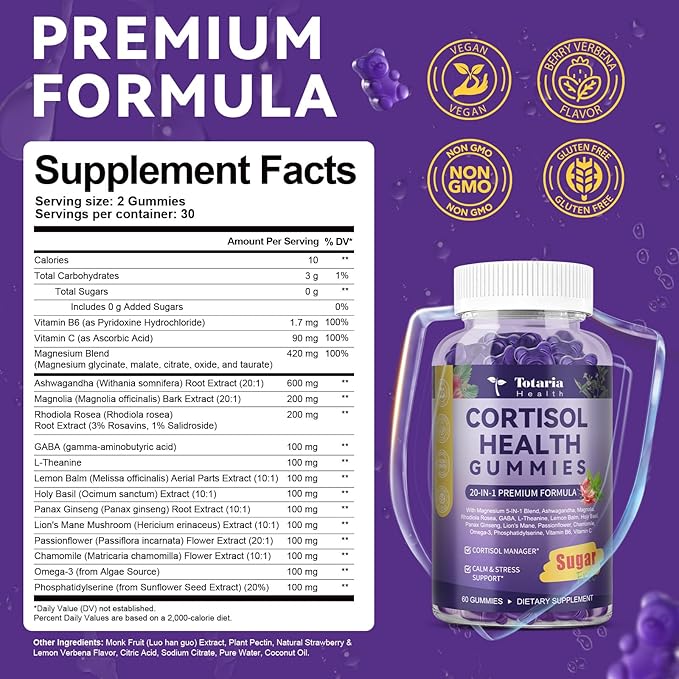 Cortisol Supplements for Women &amp Men 20-in-1 Cortisol Gummies with Ashwagandha Rhodiola Rosea Magnesium Phosphatidylserine Calm Focus Mood Support Healthy Cortisol Levels 30 Day Supply