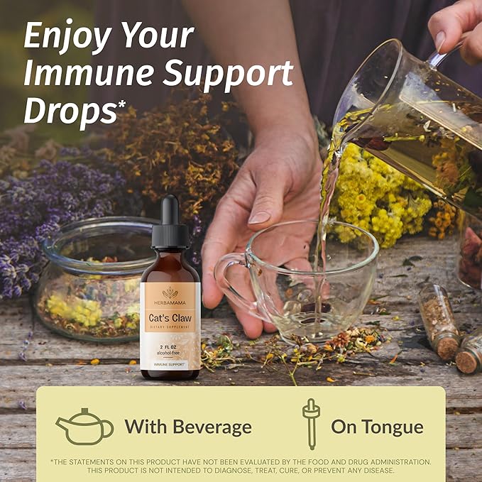 HERBAMAMA Herbal Liquid Drops Kit - Bundle of Lemon Balm 4 fl oz &amp Cat's Claw Tincture 2 fl oz - Vegan Non-GMO Sugar &amp Alcohol-Free - 2 Pack