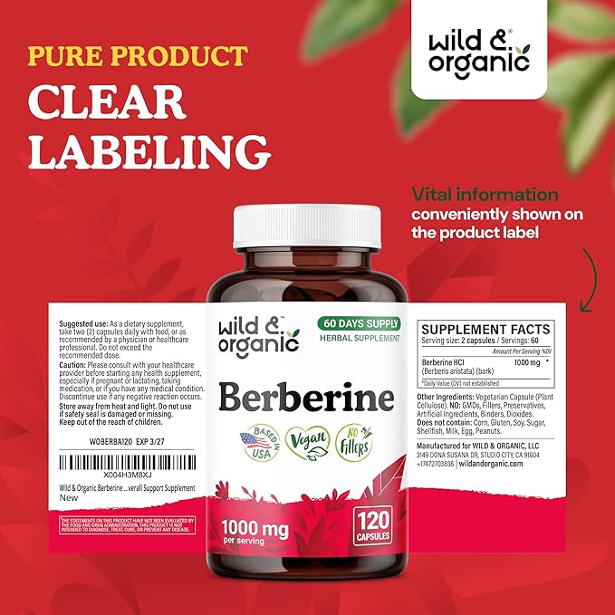 Wild &amp Organic Berberine Supplement Capsules 1000 mg - Antioxidant &amp Overall Support - Berberine HCL Powder - 60 Days of Supply - Berberis Aristata Bark - Vegan No Fillers Non-GMO - 120 Coun