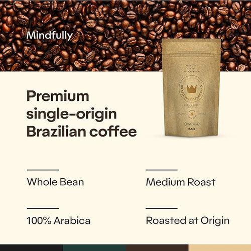 4-Pack Specialty Whole Bean Coffee Mindfully – Arabica Roasted in Brazil – Smooth Centering Flavor with Notes of Chocolate Caramel Vanilla and Nuts – Carefully Harvested – Brazilian Coffee King