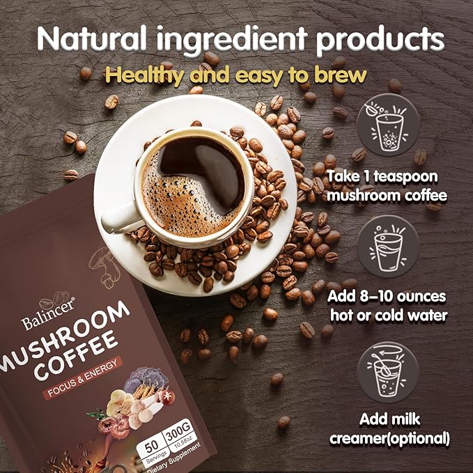 Mushroom Coffee 6 Adaptogenic Mushrooms (Lion's Mane Cordyceps Turkey Tail &amp Other) Mixed with Premium Instant Coffee for Focus Energy Immune and Gut Health Support 50 Servings
