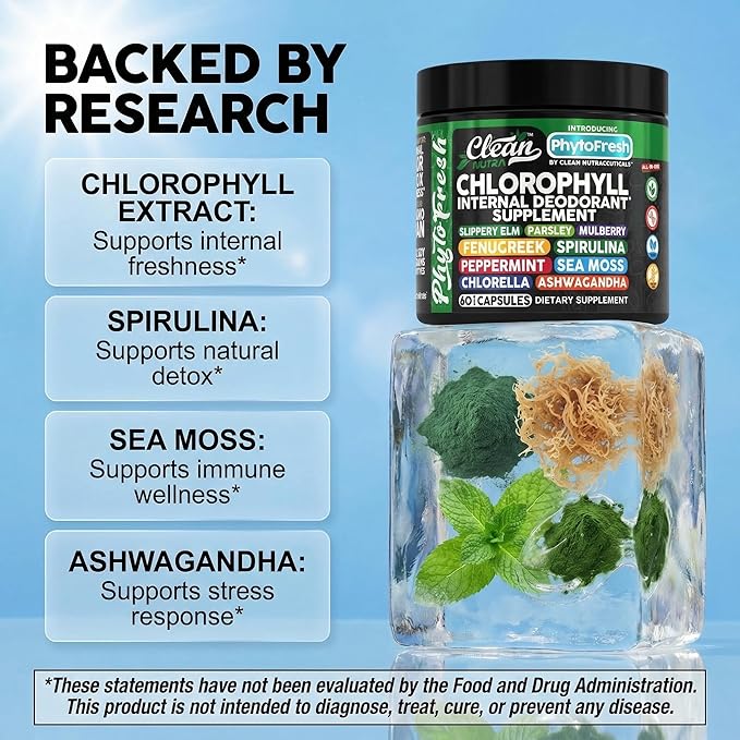 Clean Nutra Chlorophyll Capsules Supplement Internal Deodorant Peppermint Sea Moss Parsley Chlorella Spirulina Slippery Elm Ashwagandha PhytoFresh Greens Detox Pills