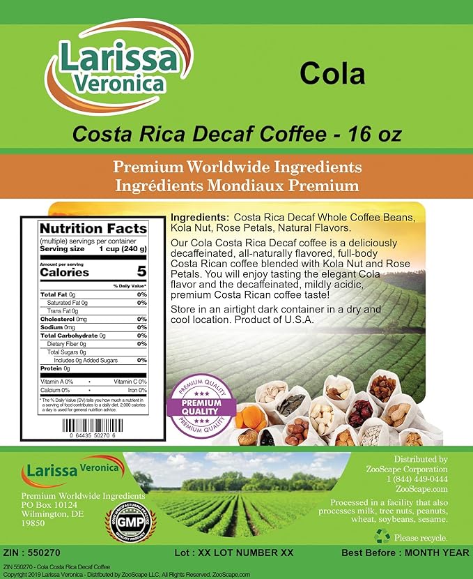 Cola Costa Rica Decaf Coffee (Gourmet Naturally Flavored Whole Coffee Beans) (16 oz ZIN: 550270) - 3 Pack
