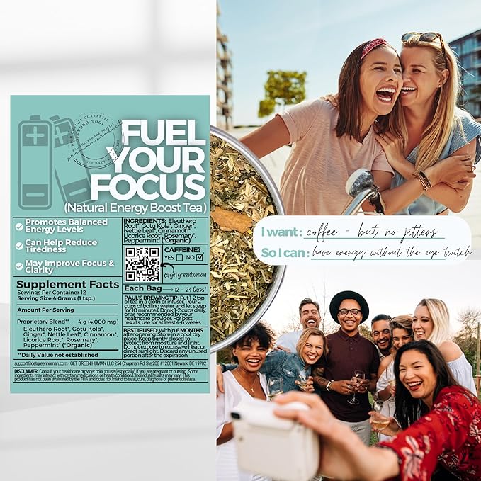 Natural Energy Boost Coffee Replacement Loose Leaf Tea w/ Eleuthero Root Gotu Kola Ginger | Organic Herbal Tea | 2 oz (57 gram) | Decaf Vegan Healthy ZERO Caffeine Organic Herbs No Natural or