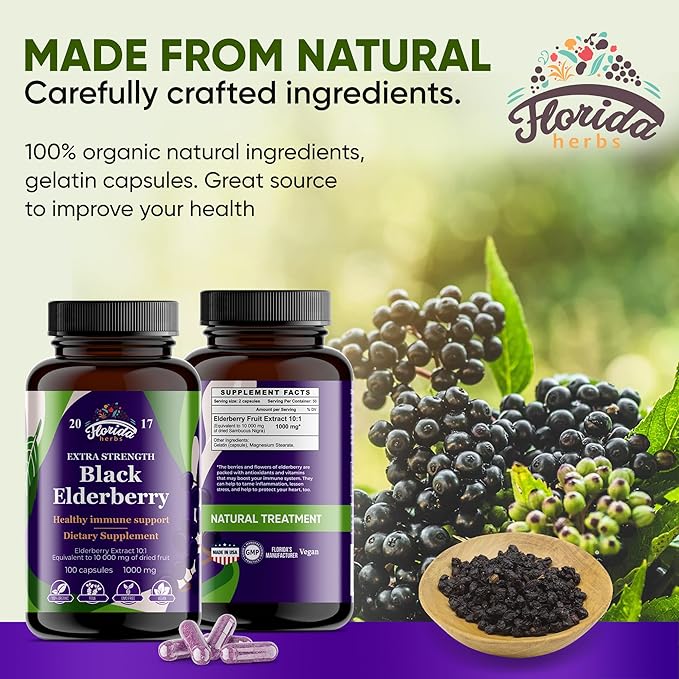 Black Elderberry Capsules | 200 Count - 10000mg | Sambucus Elderberry Vitamins Non-GMO Gluten Free Organic Elderberry Extract Sambucus Nigra - 200 Vegan Capsules - Pack of 2
