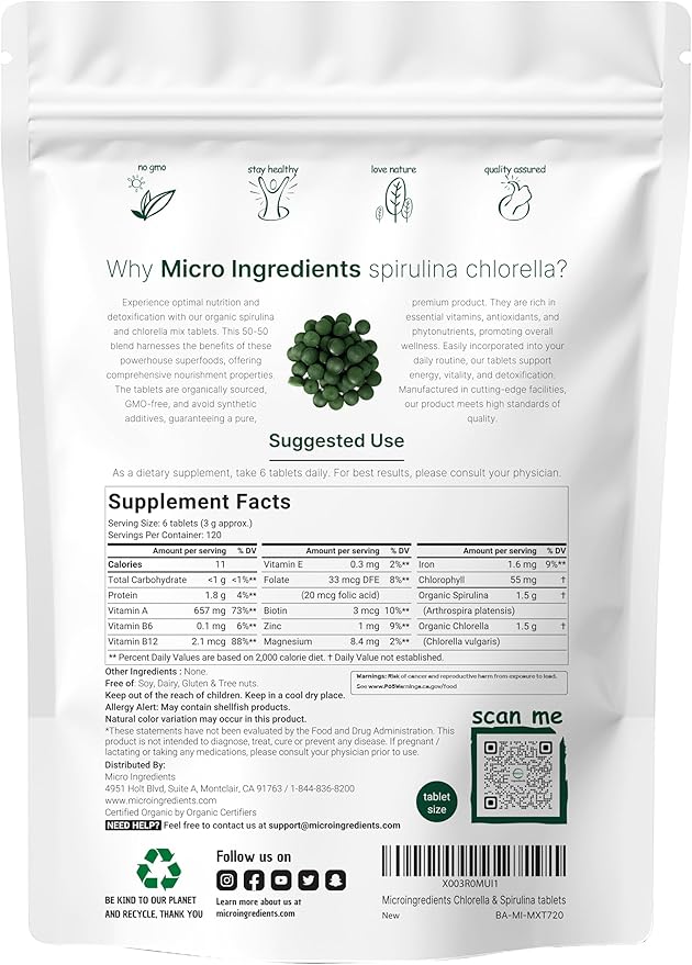 Organic Spirulina Chlorella Tablets 3000mg Per Serving 720 Tablets (4 Month Supply) | 50/50 Blend Superfood | Cracked Cell Wall for Better Absorption | Rich in Vegan Protein &amp Chlorophyll