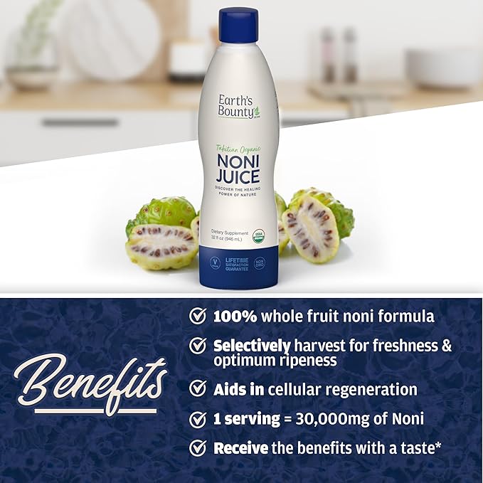 Earth's Bounty Tahitian Organic Noni Juice - 32 fl.oz - 100% Pure Natural Immune &amp Joint Support - Organic Kosher Noni Juice - No Additives