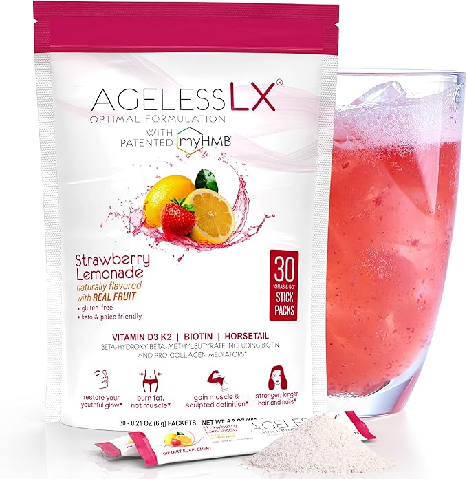AgelessLX Powder Supplement for Women - with HMB Collagen Enhancer Plus Vitamin D3 with K2 Horsetail and Biotin for Lean Muscle and Stronger Hair and Nails - 30 Powder Packets Strawberry Lemonade
