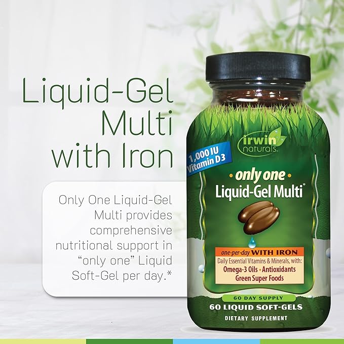 Irwin Naturals Only One Liquid-Gel Multi with Iron - 60 Liquid Softgels - Daily Essential Vitamins Minerals Antioxidants Omega-3s &amp Green Super Foods