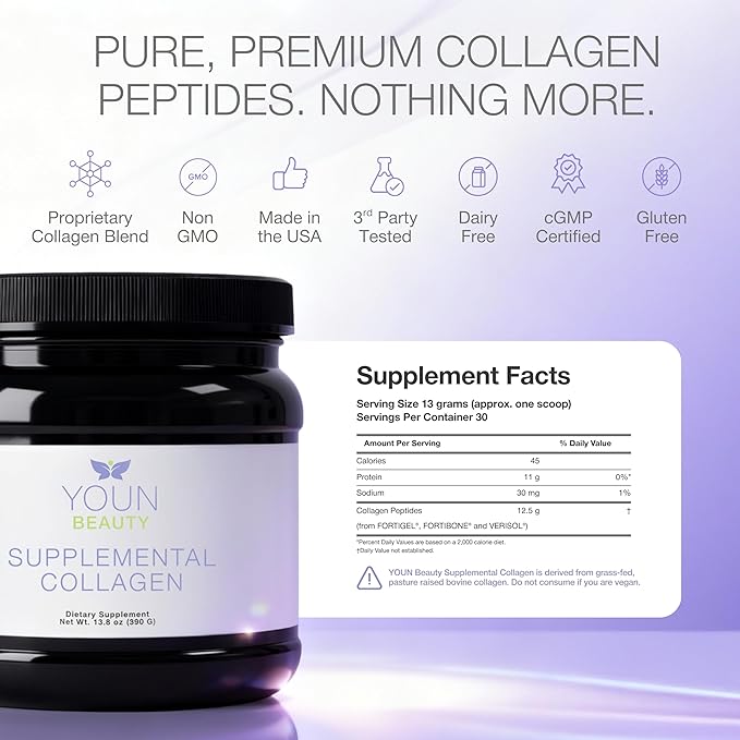 YOUN Beauty Supplemental Collagen Powder by Holistic Plastic Surgeon Dr. Anthony Youn 30 Servings (Unflavored) – Fortigel Fortibone &amp Verisol Multi-Collagen Peptides for Skin Health