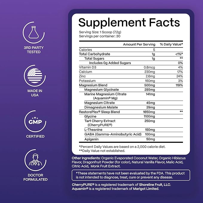 Slumber Night Lytes Magnesium Sleep Powder Drink Mix Vanilla Hibiscus Flavor Magnesium Glycinate L-Theanine Vitamin D3 Zinc Sugar Free Vegan 30 Servings