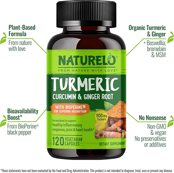 NATURELO Turmeric Curcumin - BioPerine for Better Absorption - Black Pepper Ginger Root Curcuminoids - Plant-Based Joint Discomfort Support - 120 Vegan Capsules