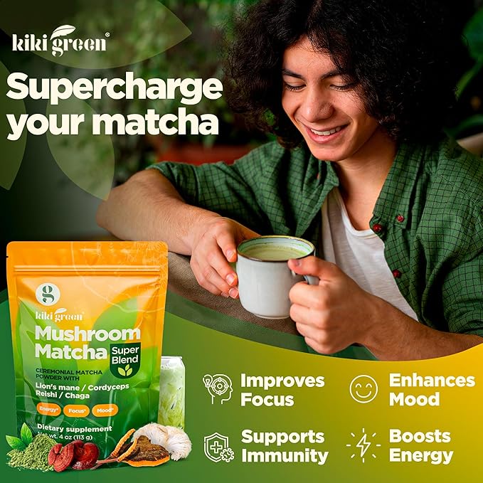 KIKI Green Mushroom Matcha Powder Super Blend 4 oz - Mushroom Coffee Alternative for Better Energy Focus Immunity - with Lion's Mane Chaga Reishi Cordyceps