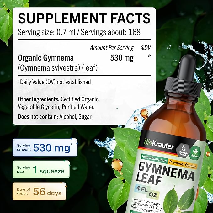 BIO KRAUTER® Gymnema Sylvestre - Liquid Drops Gymnema Sylvestre Extract 530 mg per Serving 4 Fl.Oz 56-Day Supply - Pure &amp Vegan Gurmar for Overall Support &amp Daily Wellness - Alcohol &amp Suga