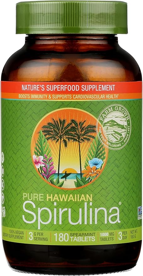 Nutrex Hawaii Pure Hawaiian Spirulina 1000 mg Spearmint Tablets 180 Count Vegan Supports Immune System Heart Cells and Energy