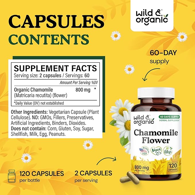 Wild &amp Organic Chamomile Extract Capsules 800 mg - Relaxation &amp Digestive Support - Chamomile Flower Extract Supplement - Matricaria Recutita Herb - Vegan No Fillers Non-GMO - 120 Count