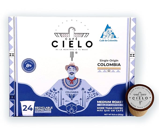 Café Cielo Colombian Coffee K-Cup Pods Single Origin Medium Roast 100% Select Arabica Coffee 24 Count (1 Box of 24 K-Cup Pods) Compatible with Keuring &amp Keuring 2 Coffee Machines enrriched
