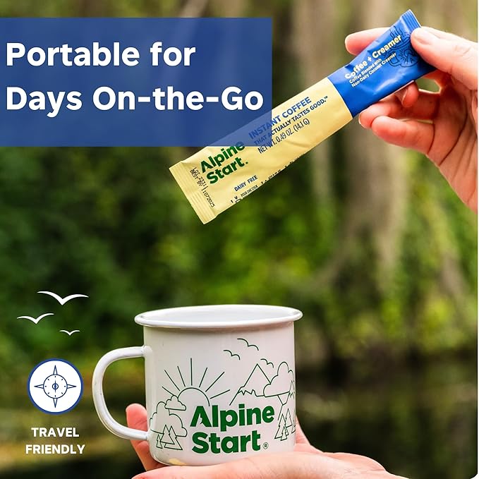 Alpine Start Instant Coffee Original Blend Medium Roast - Individual Powder Mix From High Altitude Arabica Coffee Beans - Hot or Cold Brew for Home Travel Camping Hiking Backpacking (Coffee and Cr