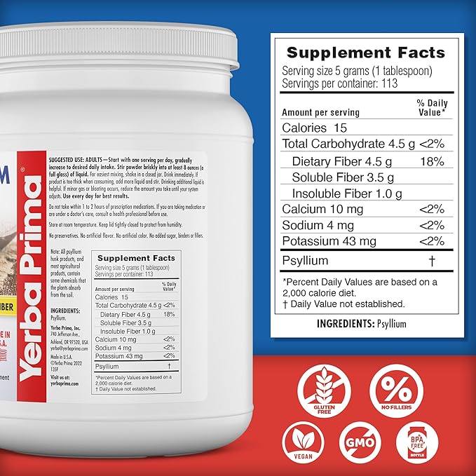 Yerba Prima Psyllium Whole Husks Fiber Supplement - Colon Cleanse - Gut Health - Vegan Non-GMO Gluten Free - 20oz