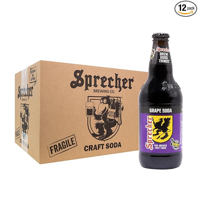 Sprecher Grape Soda in 16 fl oz Glass Bottles (12 Pack) Fire Brewed Craft Soda with Real Honey Bold Juicy Grape Flavor Naturally Flavored Gourmet Soft Drink
