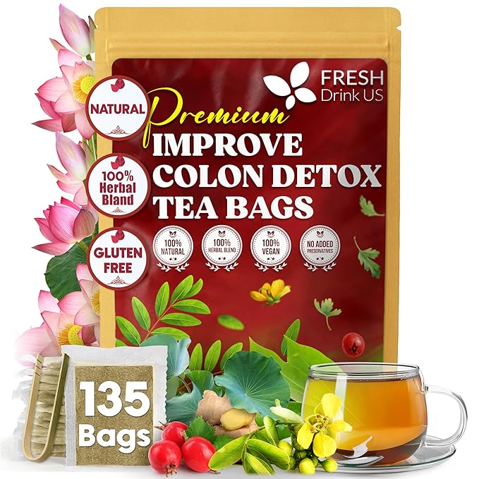 FreshDrinkUS Premium Improve Colon Tea | 135 Tea Bags | Herbal Tea Blend with Senna Leaves Lotus Leaves Hawthorn Berry Ginger &amp More – Caffeine Free Botanical Tea – Natural Daily Herbal Infusi
