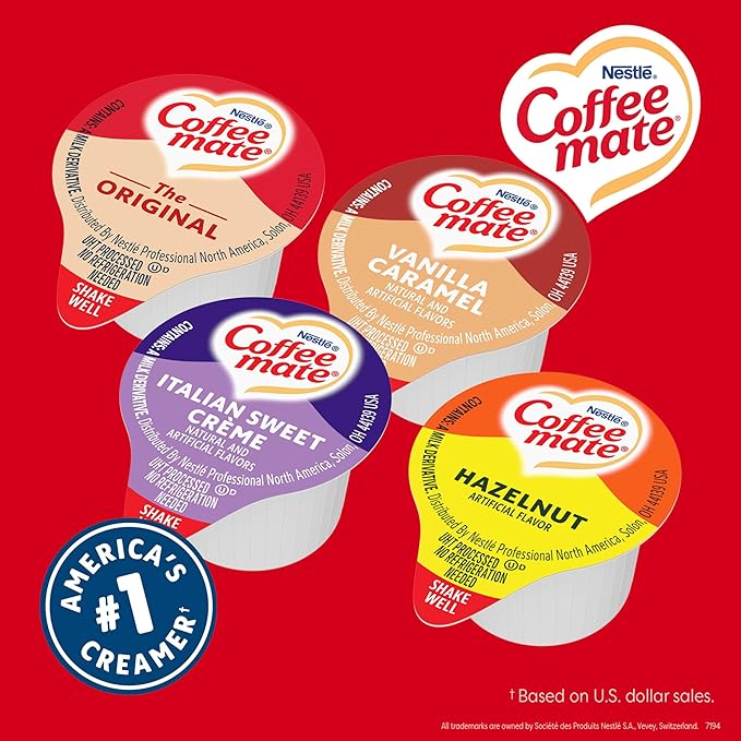 Nestle Coffee mate Creamer Singles Variety Pack Original Hazelnut Italian Sweet Creme Vanilla Caramel Non Dairy No Refrigeration 0.375 fl oz Tubs 200 Count (Pack of 50 Per Flavor)