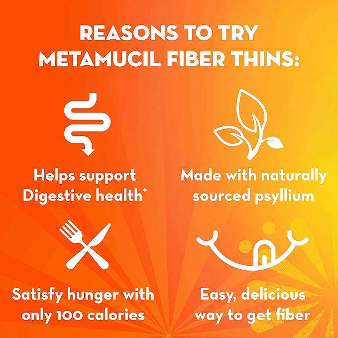 Metamucil Fiber Thins Daily Psyllium Husk Fiber Supplement Supports Digestive Health and Satisfies Hunger Chocolate Flavor 48 Total Servings (4 Packs of 12)