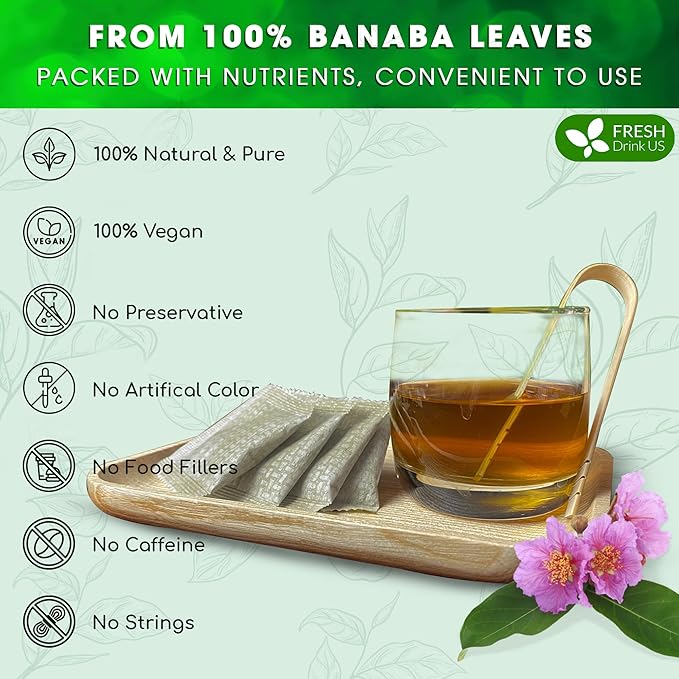 FreshDrinkUS Premium 100 Banaba Tea Bags 100% Natural &amp Pure from Banaba Leaves. Loose Leaf Banaba Herbal Tea. No Sugar No Caffeine No Gluten Vegan.