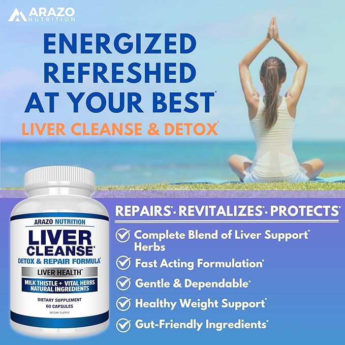 Arazo Nutrition Liver Cleanse Detox &amp Repair Formula – Milk Thistle Herbal Support Supplement: Silymarin Beet Artichoke Dandelion Chicory Root (Pack of 2)