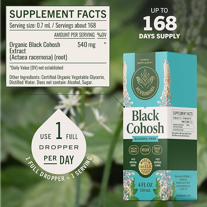 HERBAMAMA Black Cohosh Tincture - Vegan Women's Support with Black Cohosh Root Extract Drops - Non-GMO Alcohol &amp Sugar-Free Liquid Herbal Supplement 168-Day Supply