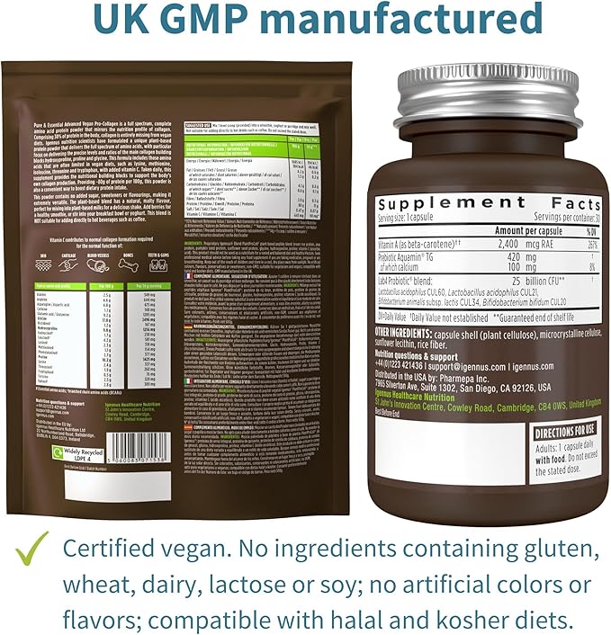 Pure &amp Essential Vegan Collagen Peptide Protein Powder + Live Cultures+ Lab4 Probiotics Vegan Bundle Collagen Boosting Formula + 25 Billion CFU Lactobacillus Acidophilus &amp Bifidobacterium by
