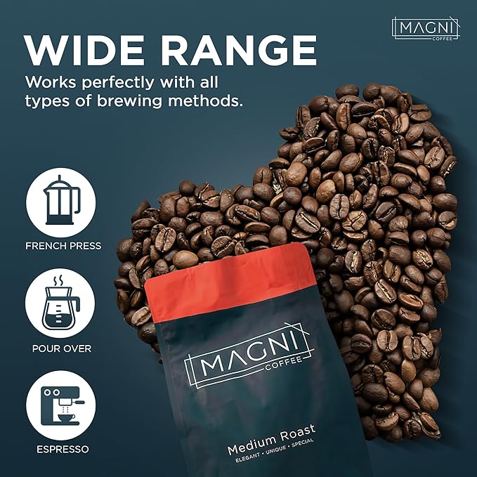 Magni Coffee - Whole Beans - Medium Roast - Low Acid - Single Origin USDA Organic Non-GMO Beans Third Party Tested For Mycotoxins &amp Pesticides - Fair Trade -12 Oz