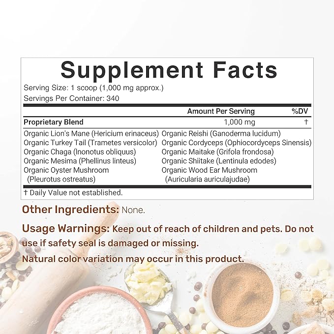 DEAL SUPPLEMENT Organic Mushroom Powder Supplement 12oz – 10 in 1 Active Blend – Shiitake Lions Mane Cordyceps Chaga with More –Supports Immune Energy &amp Brain Health – Non-GMO Vegan
