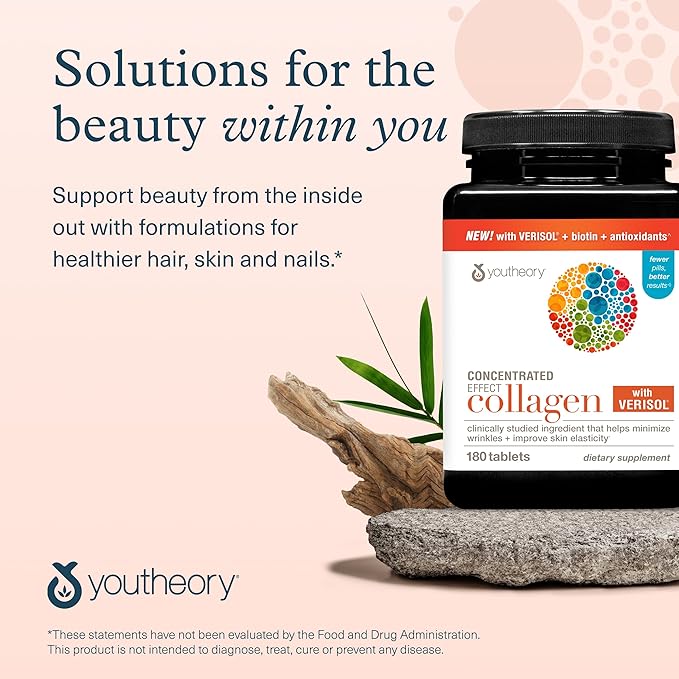 Youtheory Concentrated Effect Collagen with Verisol - Collagen Peptides with Vitamins C &amp B - Supports Hair Nails Bones &amp Joints* - 180 Tablets (60-Day Supply)