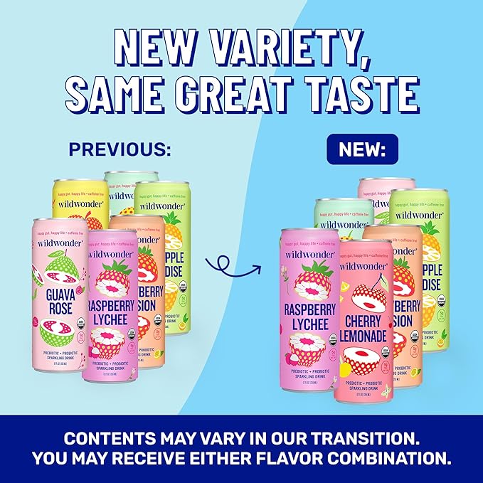 wildwonder Sparkling Probiotic Juice Drink 18pk w/Gut Health &amp Immunity Support 5g Prebiotic Fiber Live Probiotics Organic Vegan Low Sugar Sampler Pack 6 Flavors Seen on Shark Tank
