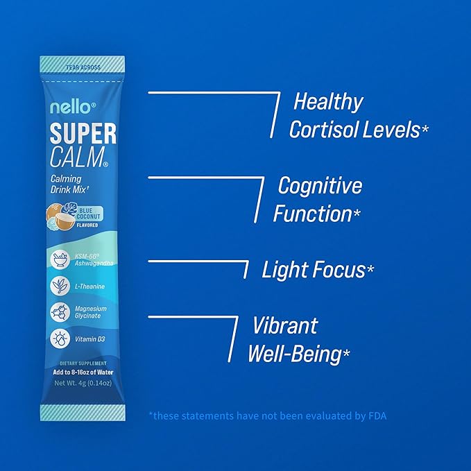 Nello Supercalm Drink Mix - Blue Coconut and Tropical Tangerine Ashwagandha KSM 66 Magnesium Glycinate &amp L-Theanine Supplement - Focus and Relaxation Support (2 x 20 Travel Packets)
