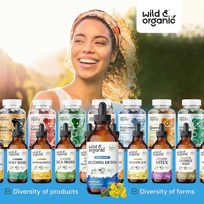 Wild &amp Organic Alcohol Detox Drops - Liver &amp Kidney Cleanse with Milk Thistle Chanca Piedra Stone Breaker - Anti Alcohol Complex for Liver Cleanse Detox - Vegan No Sugar &amp Additives - 4