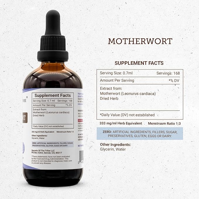 Secrets of the Tribe Motherwort Tincture Alcohol-Free Liquid Extract Motherwort (Leonurus Cardiaca) Dried Herb (4 FL OZ)