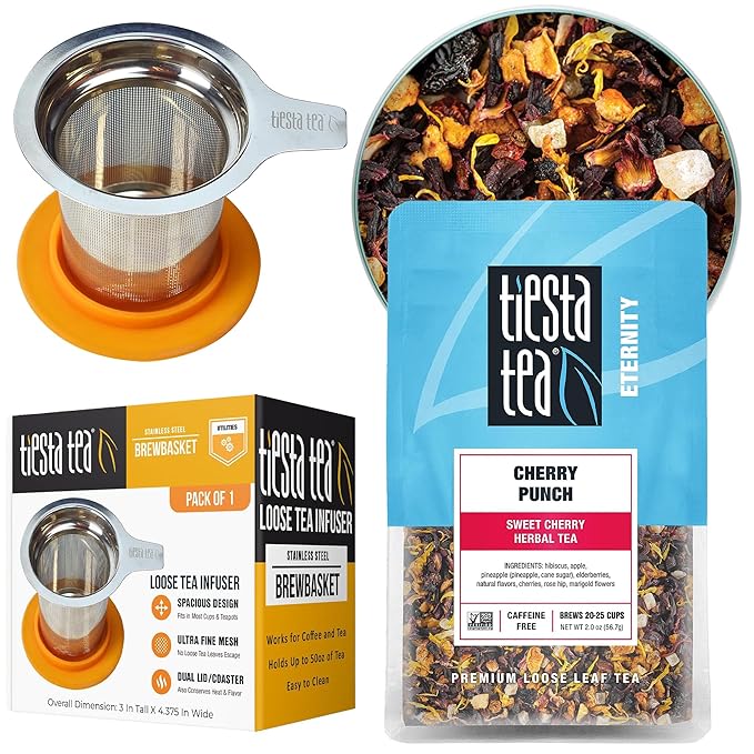 Tiesta Tea - Cherry Punch Herbal Tea and Brewbasket Infuser Bundle Sweet Cherry Herbal Tea Non-Caffeinated 2oz Refillable Pouch with 5oz Reusable Stainless Steel Strainer