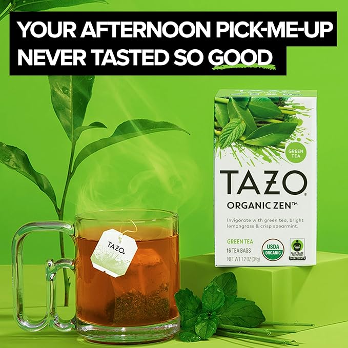TAZO Organic Zen Green Tea Bags Caffeine Free Tea with Refreshing Lemongrass &amp Spearmint 96 Total Tea Bags (16ct - Pack of 12)