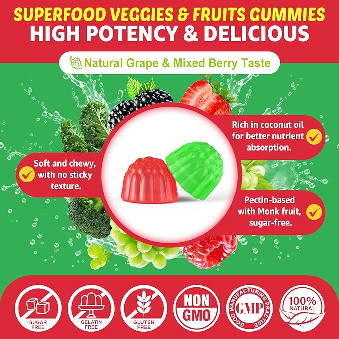 Super Greens Gummies Daily Green Superfood Supplement w/Spirulina Chlorella Mushrooms Probiotics Multivitamins 50+ Super Greens &amp Veggies Gummies to Boost Immunity Energy &amp Gut Health