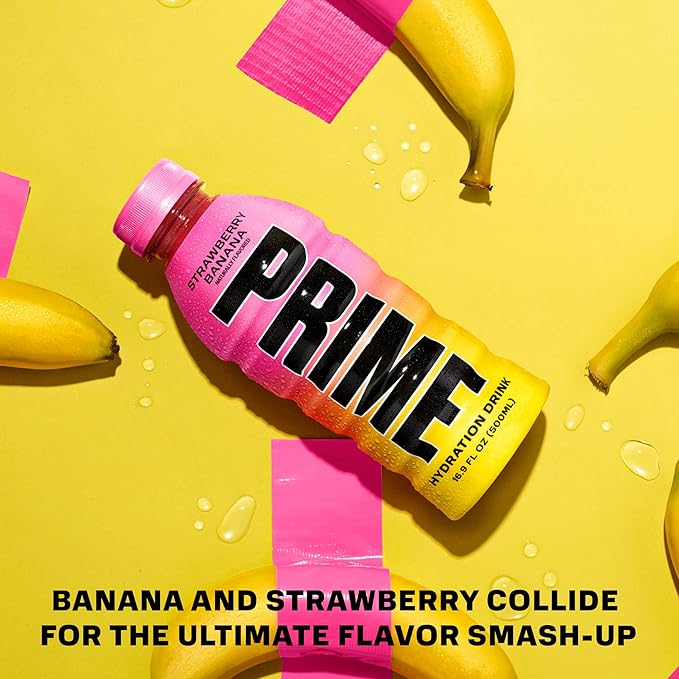 PRIME Hydration STRAWBERRY BANANA Sports Drinks Electrolyte Enhanced for Replenishing Fluids 250mg BCAAs B Vitamins Antioxidants Low Sugar 16.9 Fl Oz 12 Pack