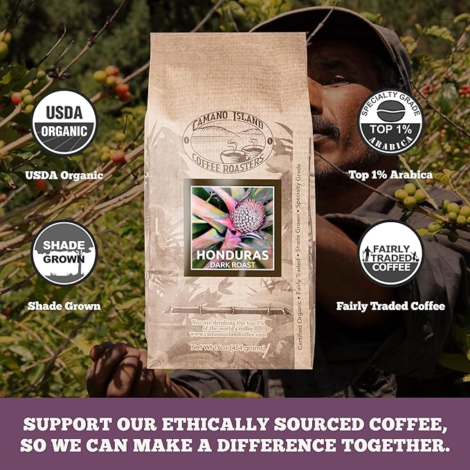 Camano Island Coffee Roasters Roasters Honduras Dark Roast Ground 1lb Fresh Small Batch Roasted USDA Organic Fairly Traded Shade Grown Top 1% Arabica - Molasses Brown Sugar Cinnamon Flavor
