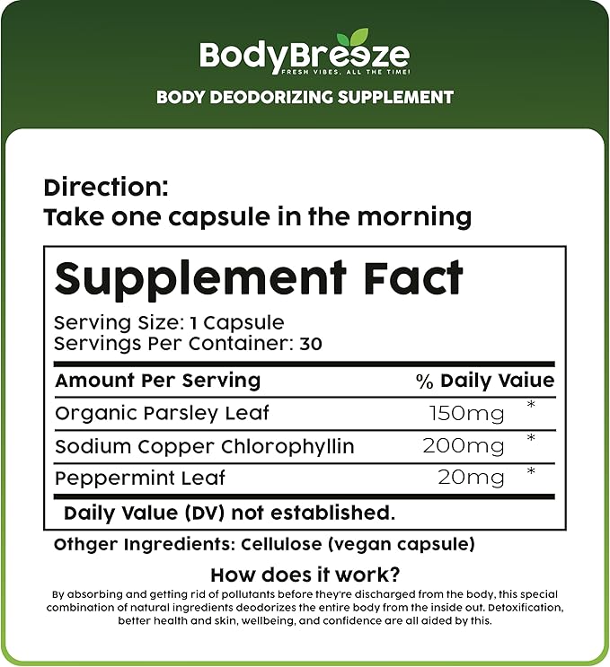 Internal Deodorant Supplement | Natural Chlorophyll 30 Capsules for Body Odor Control Gut Health and Fresh Breath | Vegan Detox Support &amp Skin Health | Odor Eliminator for Men &amp Women