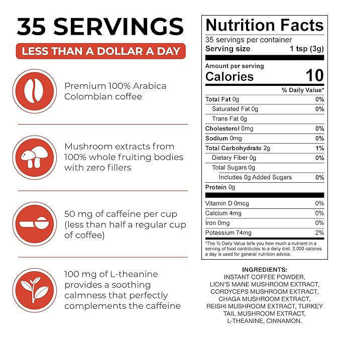 Inner Elevate Mushroom Coffee Superfood with 5 Adaptogenic Mushrooms - Upgraded Coffee Alternative with Half Caffeine - Arabica with Lion's Mane Cordyceps Chaga Reishi Turkey Tail and L-Theanine