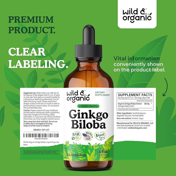 Wild &amp Organic Ginkgo Biloba Extract Drops - Brain &amp Focus Support - Liquid Ginkgo Biloba Supplements - Vegan Sugar &amp Alcohol-Free Herbal Tincture - 4 fl oz