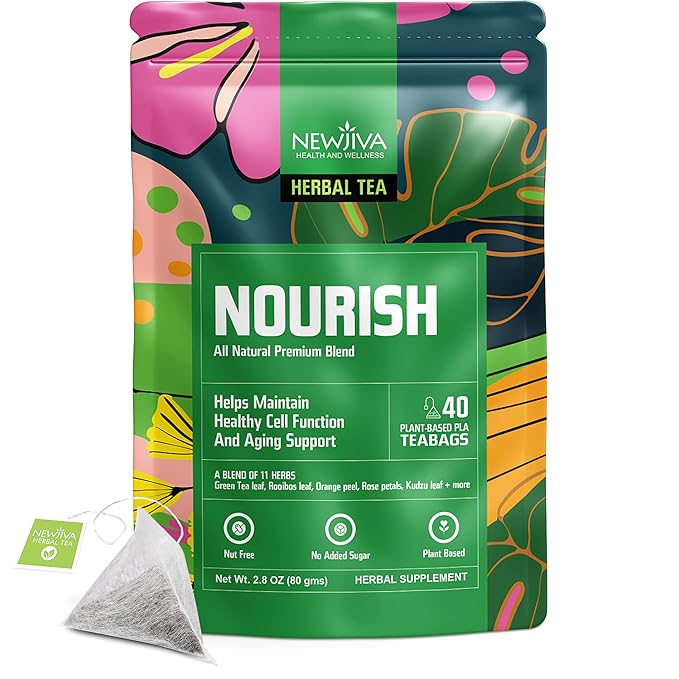 Newjiva Nourish Herbal Tea - 40 Tea Bags Per Pack - All Natural - Includes Green Tea Bacopa monnieri (Brahmi) Ashwagandha Turmeric White Tea &amp more - GMP Certified Facility